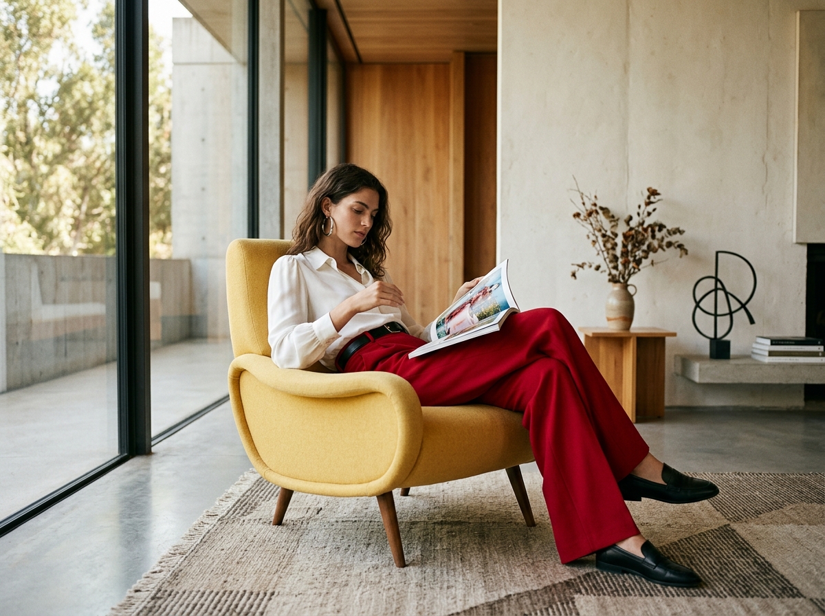 Model in red pants sitting in sunny yellow armchair reading fashion magazine