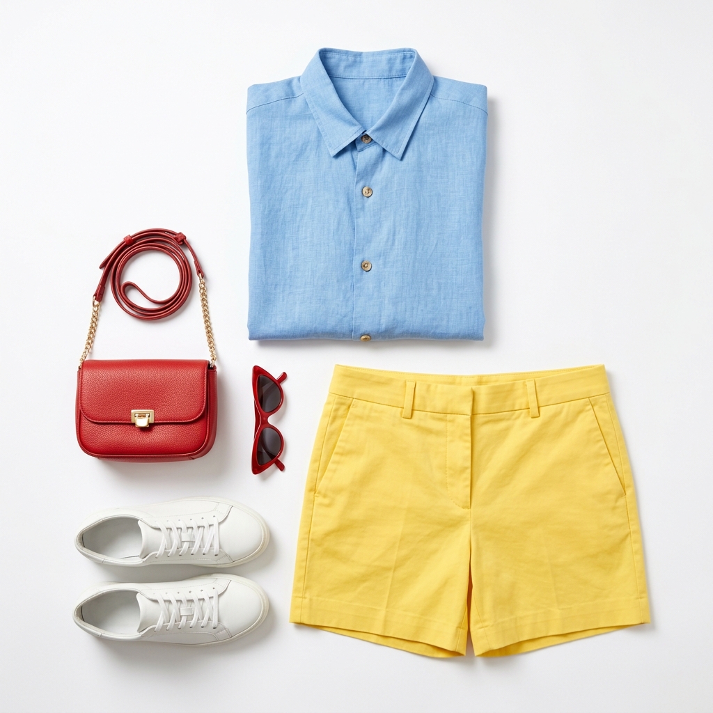 Outfit inspiration flatlay with blue shirt, yellow shorts, red bag, white sneakers and sunglasses